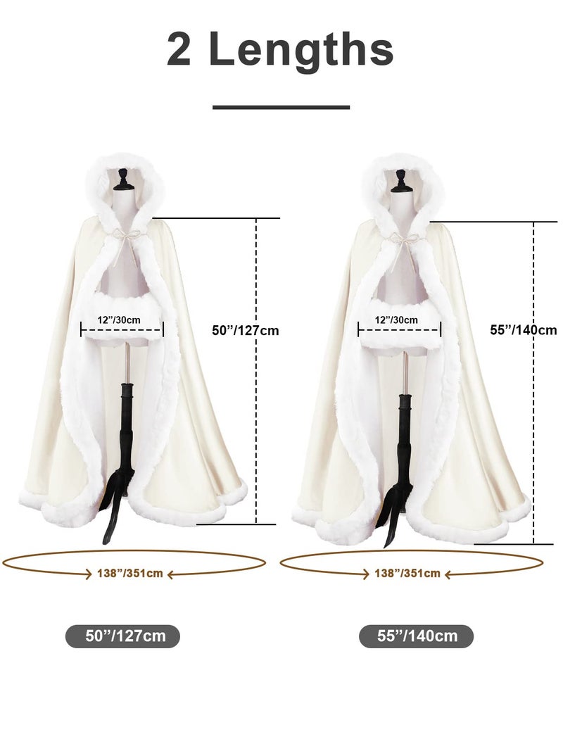 BEAUTELICATE Wedding Cape Hooded Cloak for Bride Winter Reversible with Fur Trim Free Hand Muff Length 50" Ivory - Image 3